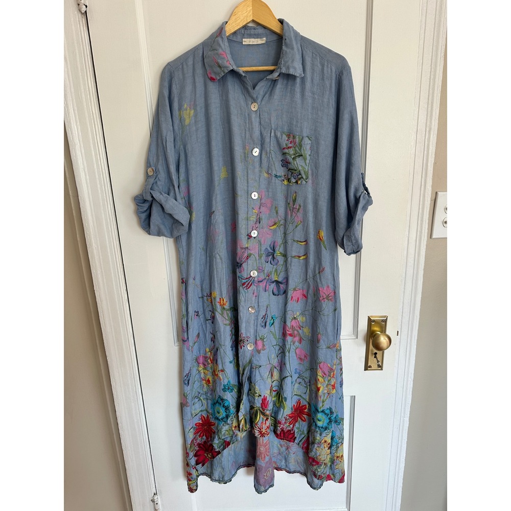 Made in Italy Linen Shirt Dress Blue Floral Botanical High Low Lagenlook Artsy L